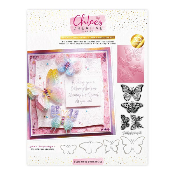 Chloes 3D embossing folder (5x7 inch), metal die and stamp set – Delightful butterflies