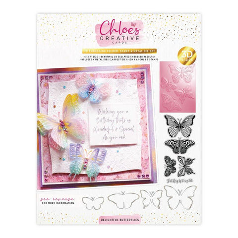 Chloes 3D embossing folder (5x7 inch), metal die and stamp set – Delightful butterflies - PRE-ORDER